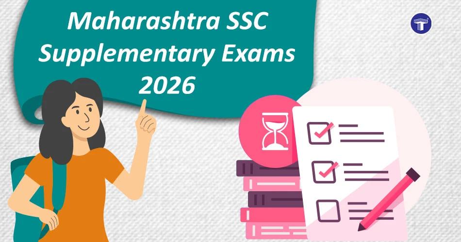 Illustration of a student with a backpack pointing towards the title “Maharashtra SSC Supplementary Exams 2026,” alongside icons of an hourglass, checklist, books, and a pencil representing exam preparation and application process.