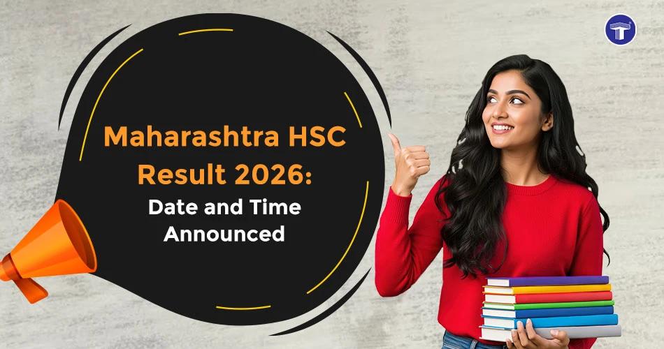 Student holding books pointing towards Maharashtra HSC Result 2026 date and time announcement banner