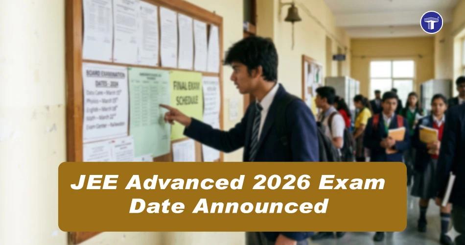 Student checking exam notice board with JEE Advanced 2026 exam date announcement and schedule at school corridor