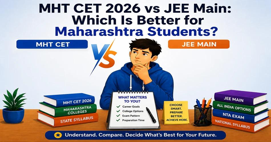Comparison of MHT CET 2027 and JEE Main 2027 for Maharashtra students, highlighting syllabus, difficulty, and exam pattern
