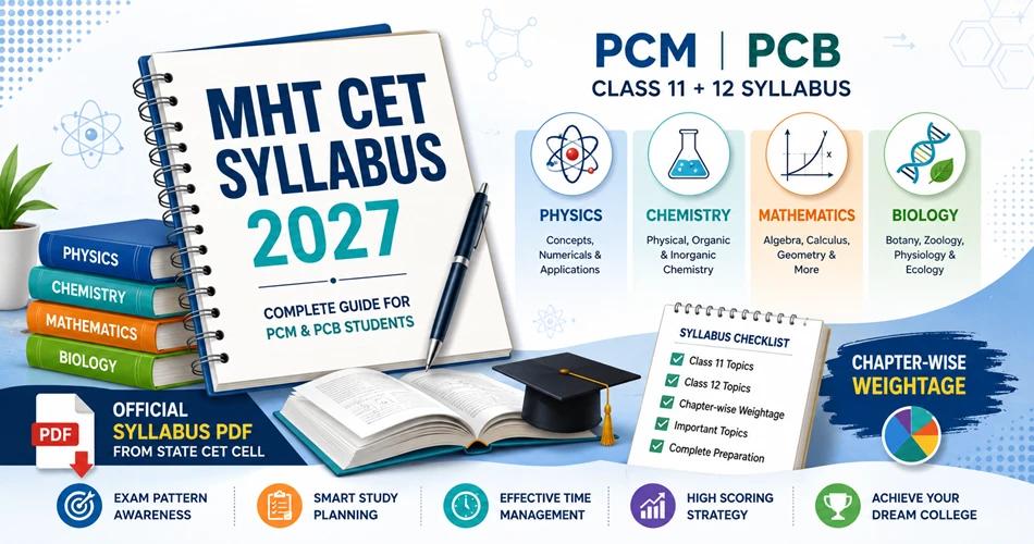Illustration showing MHT CET 2027 PCM and PCB syllabus with books, formulas and study planner.