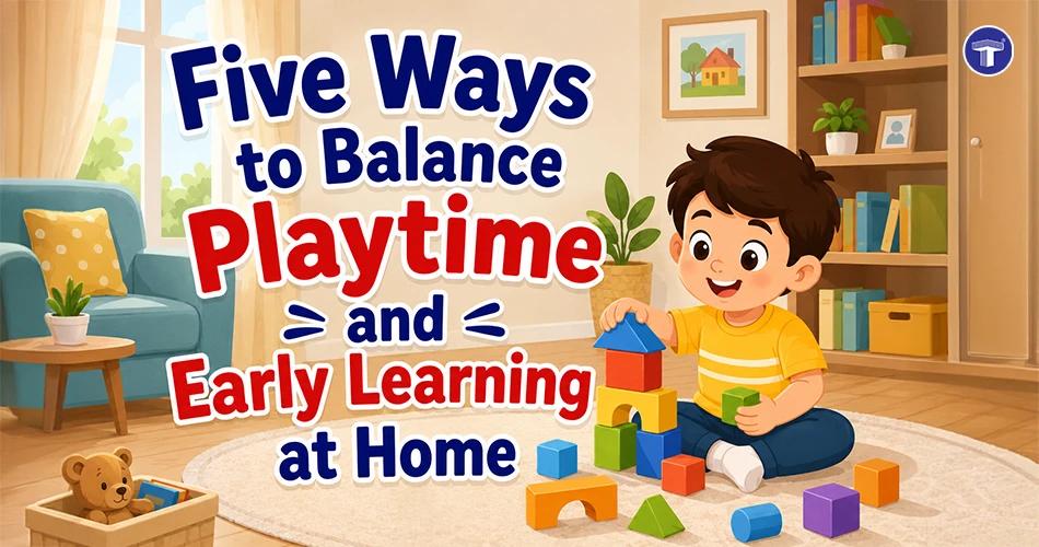 Five ways to balance playtime and early learning at home with a happy child playing with blocks