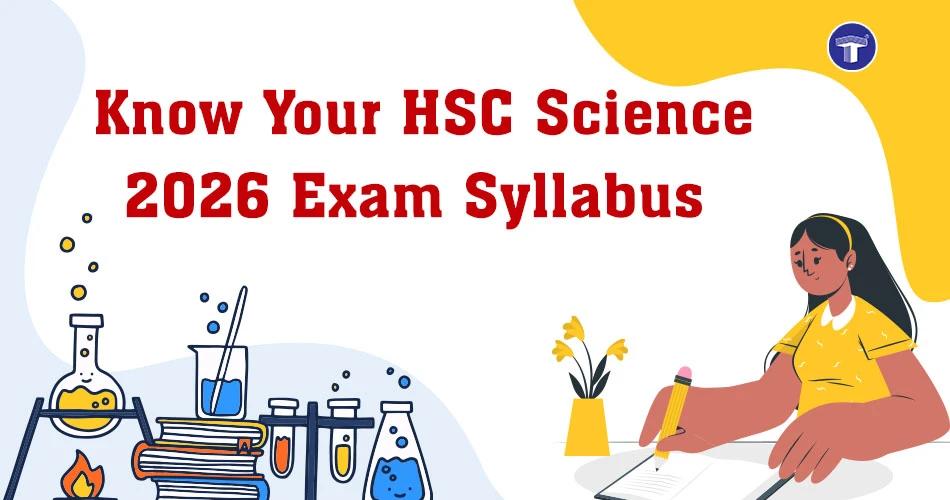 Banner highlighting Maharashtra HSC Science 2026 exam syllabus with a student studying and science lab elements in the background