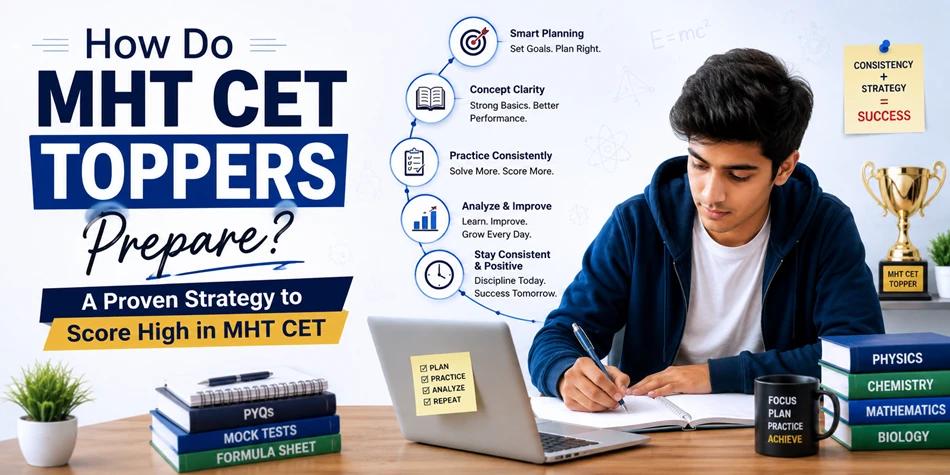 Student preparing for MHT CET using topper study strategy, mock tests, and previous year papers