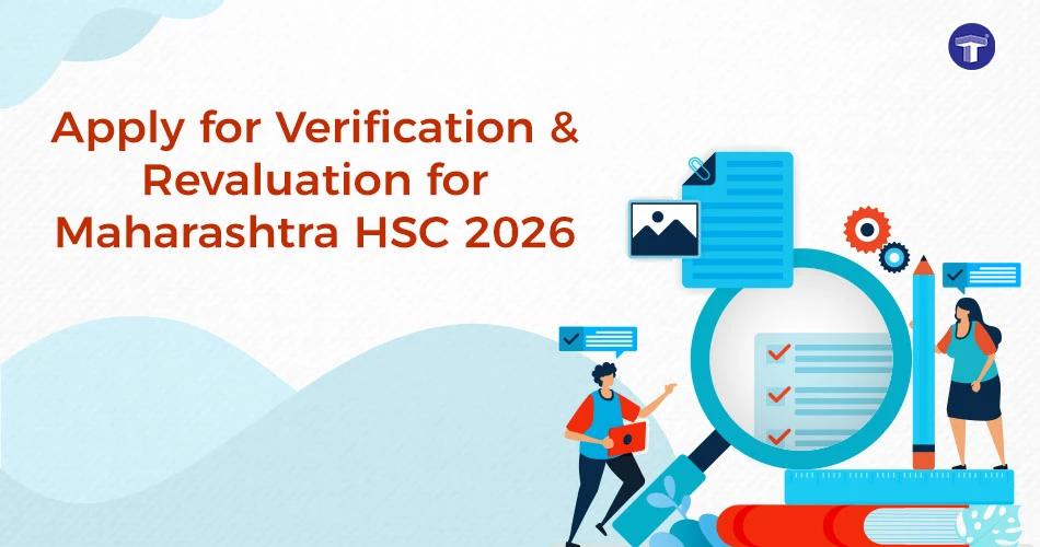 Apply for Maharashtra HSC 2026 verification and revaluation banner with students reviewing documents and checklist illustration