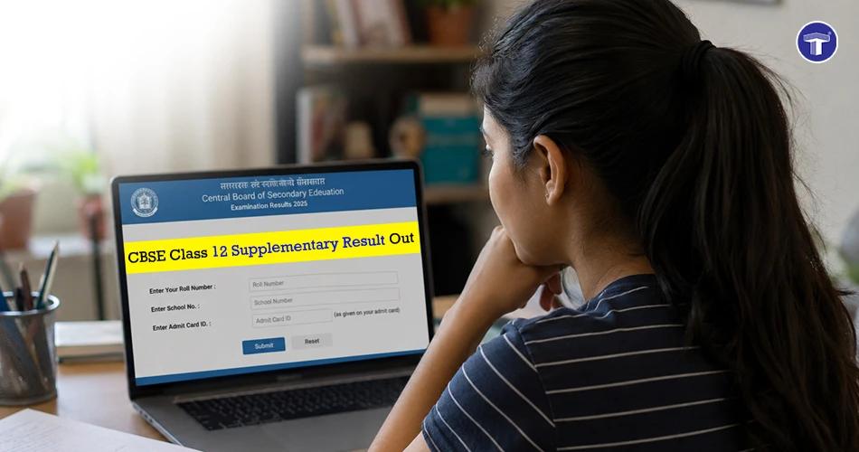 Student checking CBSE Class 12 supplementary result portal on laptop screen with login form open