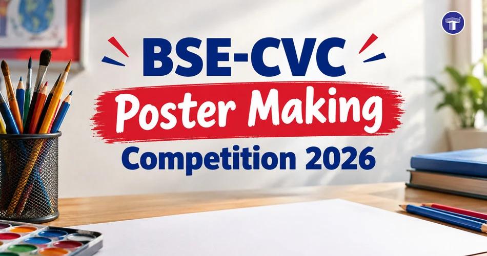 BSE CVC Poster Making Competition 2026 banner with paintbrushes, art supplies, and blank canvas on a study desk