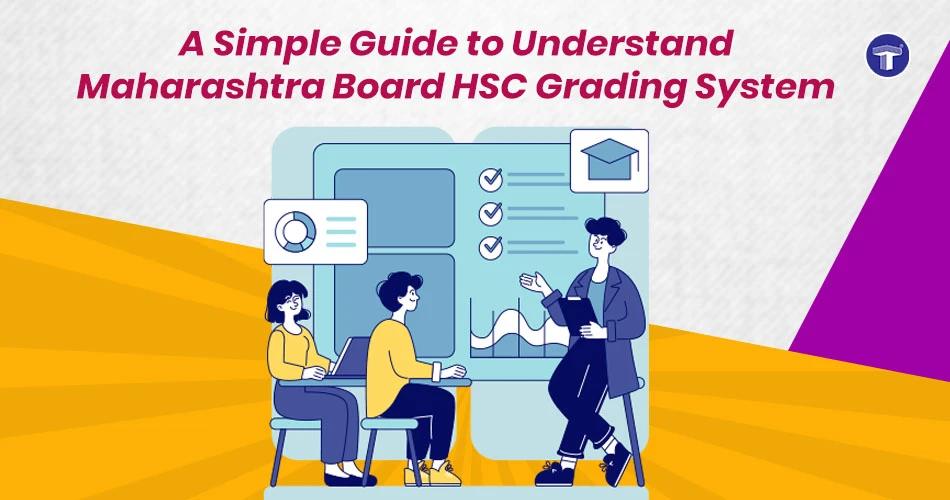 Illustration explaining Maharashtra Board HSC grading system with students, charts, and teacher presenting academic results!!