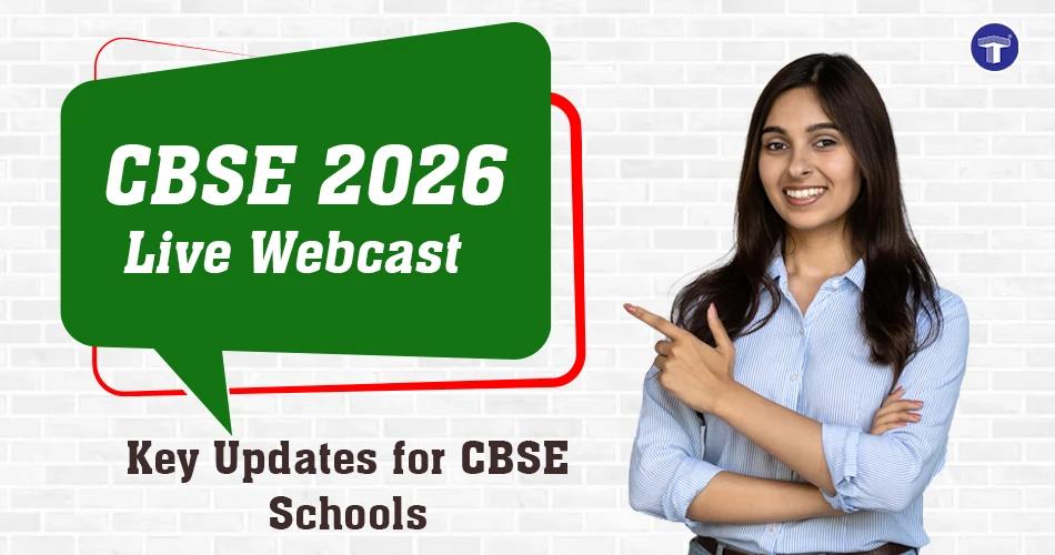 Smiling woman pointing to a green bubble titled " CBSE 2026 Live Webcast - Key Updates for CBSE Schools" on a brick background.