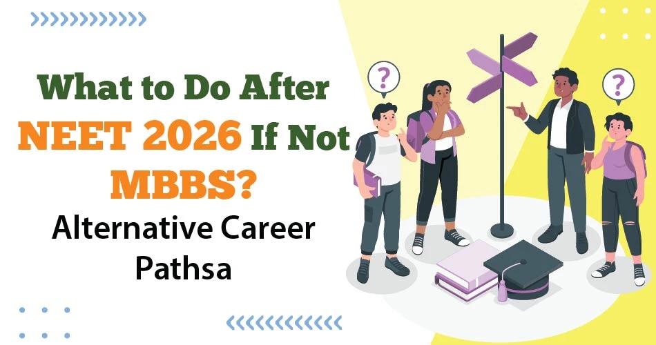 Illustration of four students standing at a crossroads sign, appearing confused, with the title "What to Do After NEET 2026 If Not MBBS? Alternative Career Paths" displayed above.