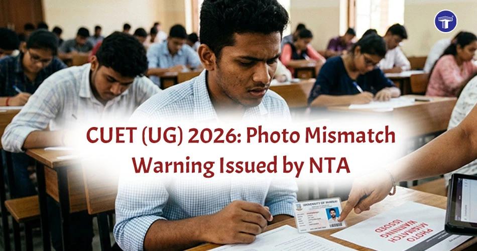 CUET UG 2026 exam hall scene with ID verification highlighting NTA photo mismatch warning for candidates