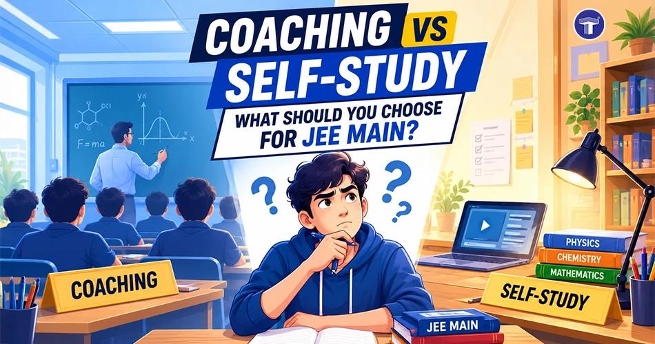 Coaching vs self-study for JEE Main preparation, showing a student comparing both study methods