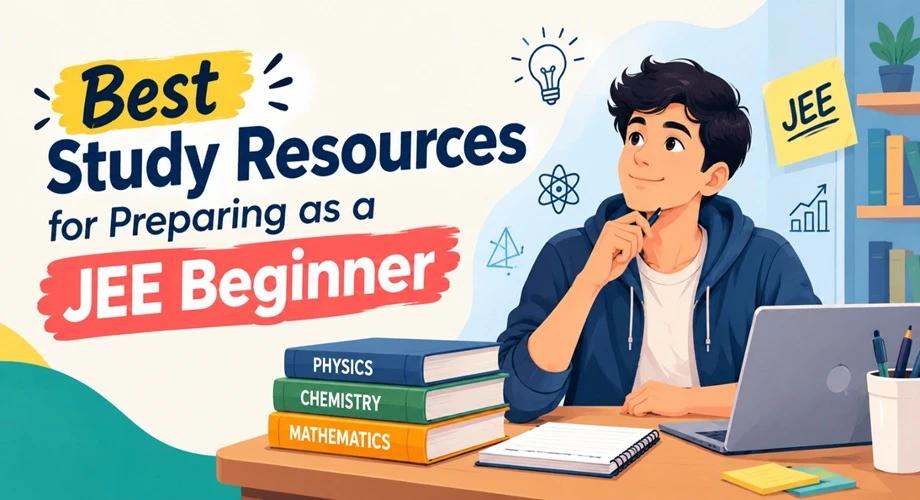 Best study resources for JEE beginners, featuring Physics, Chemistry and Mathematics books and a student studying