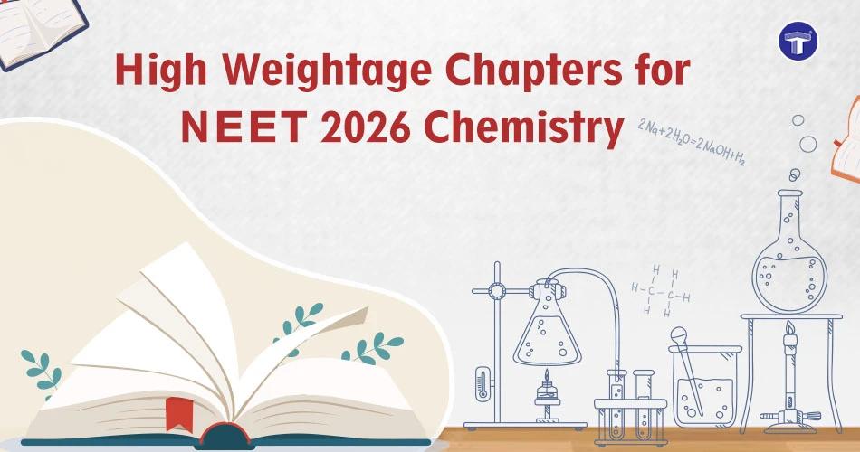 High weightage chapters for NEET 2026 Chemistry with lab equipment illustration and open book graphic