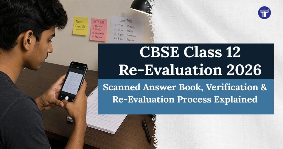 Student checking CBSE Class 12 re-evaluation process 2026 information on a smartphone with banner text about scanned answer books and verification.